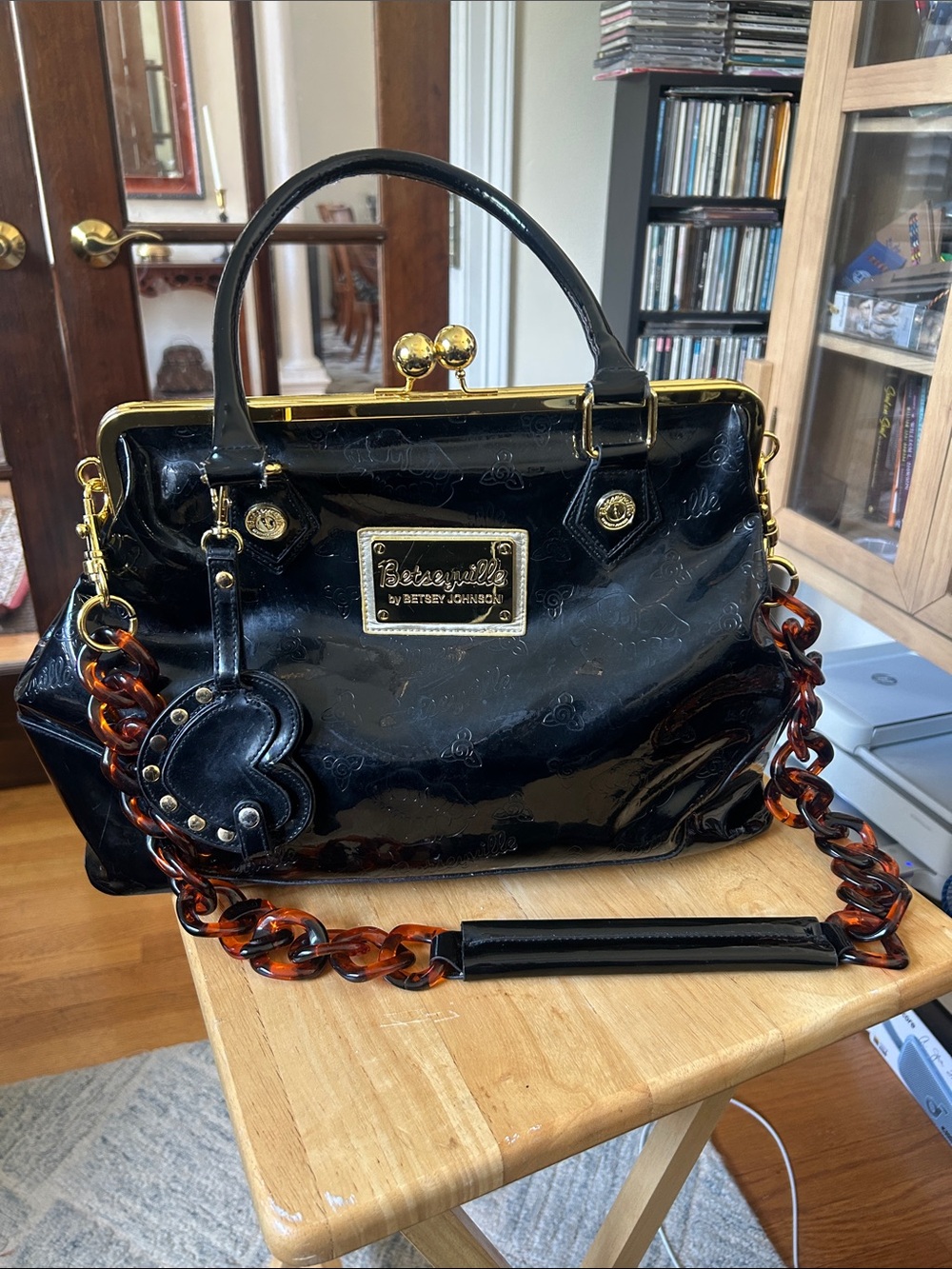 Betsey Johnson Black Patent Satchel with Tortoiseshell Chain Strap